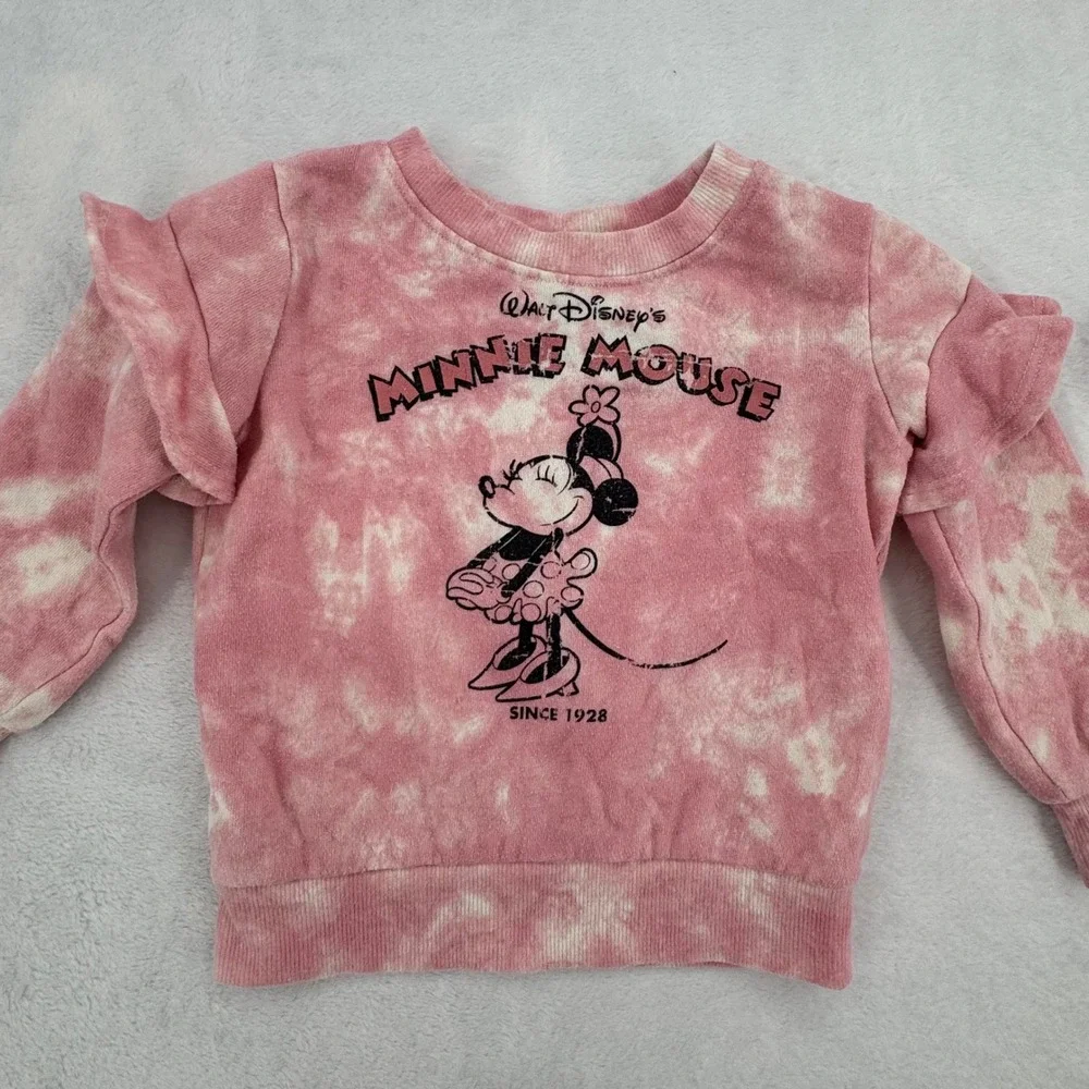 Disney Parks WDW Minnie Mouse Pink Tie Dye Ruffle Shoulder Sweatshirt Toddler 2